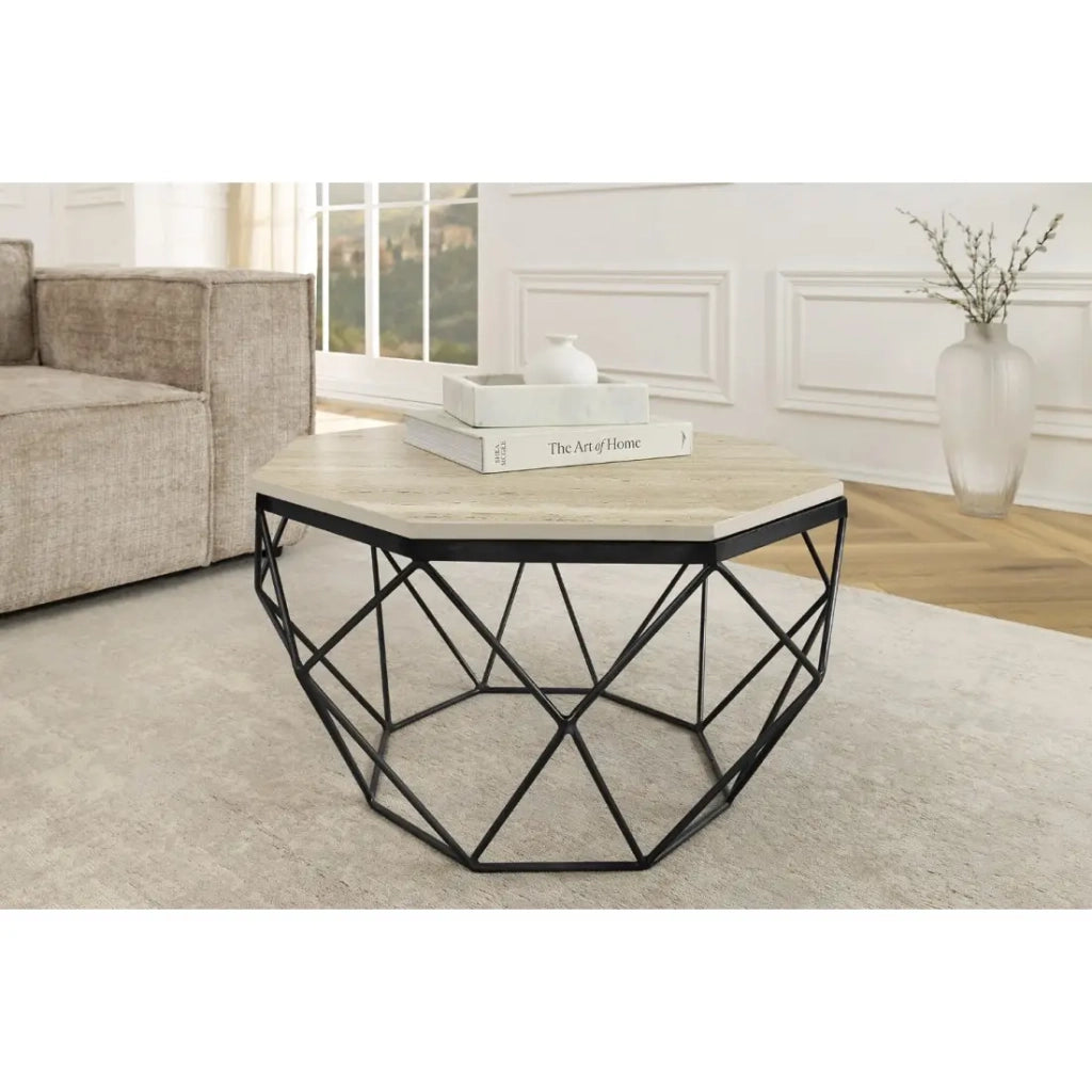 Tavolino basso NEXORA 70 cm in travertino beige e metallo nero design geometrico