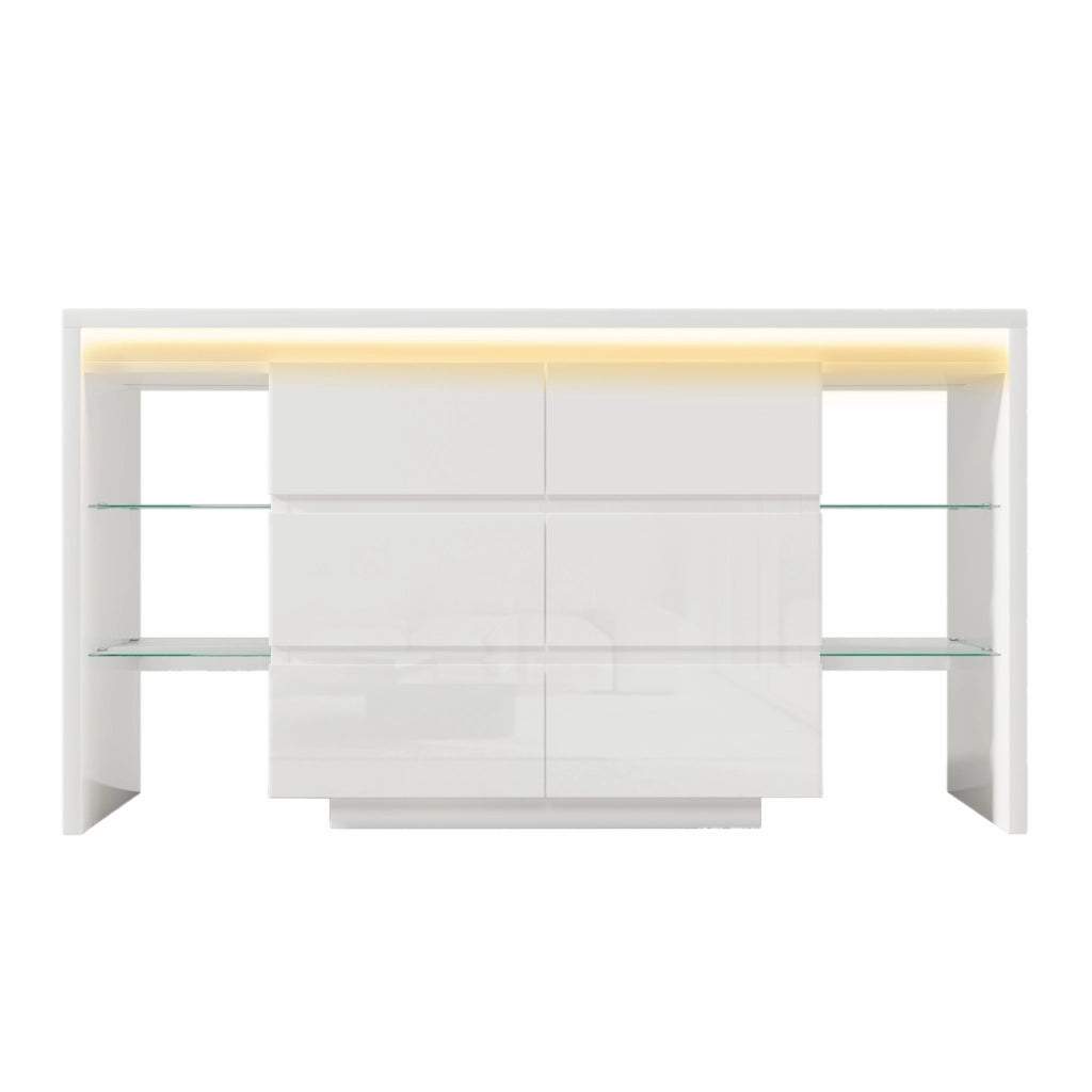 Comodino lucido, credenza da sala da pranzo, illuminazione a LED, 6 cassetti, 4 ripiani in vetro, 155 x 40 x 80 cm, bianco