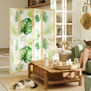 Paravento pieghevole a 4 pannelli, design boho tropicale, struttura in legno naturale, verde