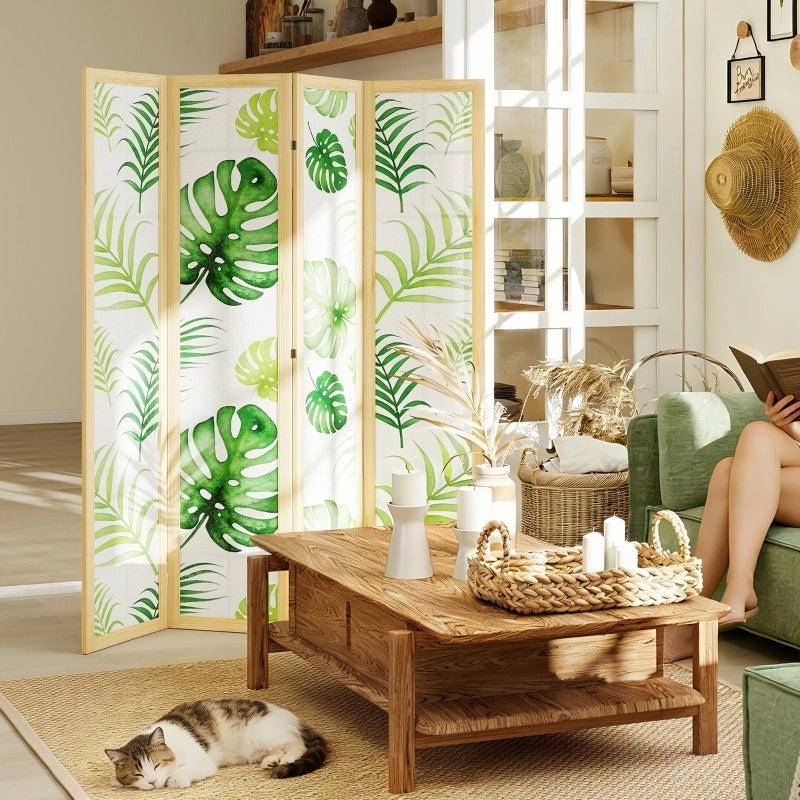 Paravento pieghevole a 4 pannelli, design boho tropicale, struttura in legno naturale, verde