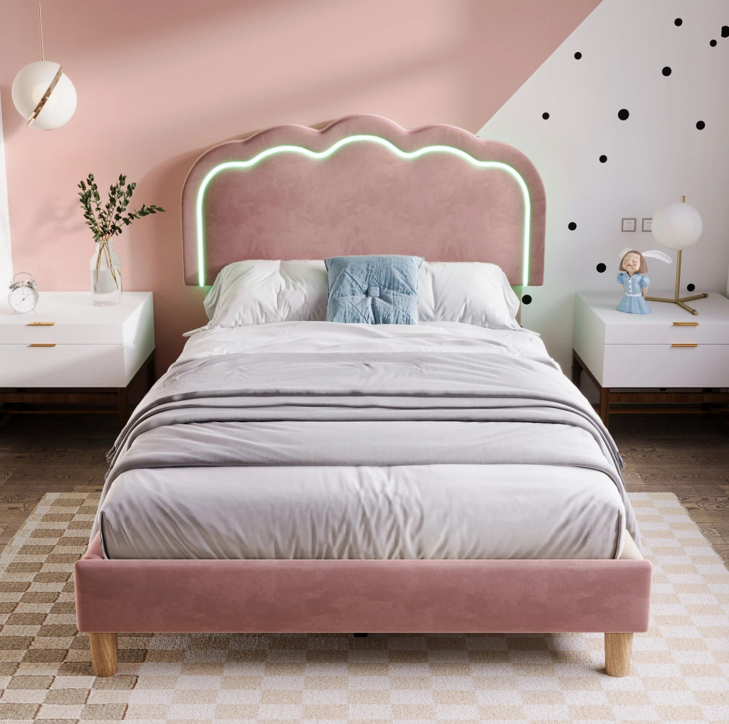 Letto singolo 90x190 cm; testiera LED regolabile; velluto rosa (Senza materasso)