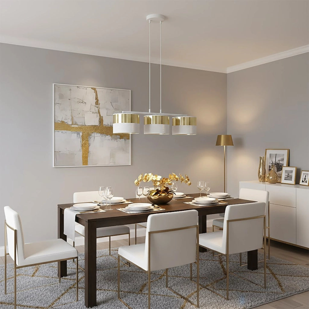 Lampada a sospensione Lux in acciaio bianco e oro