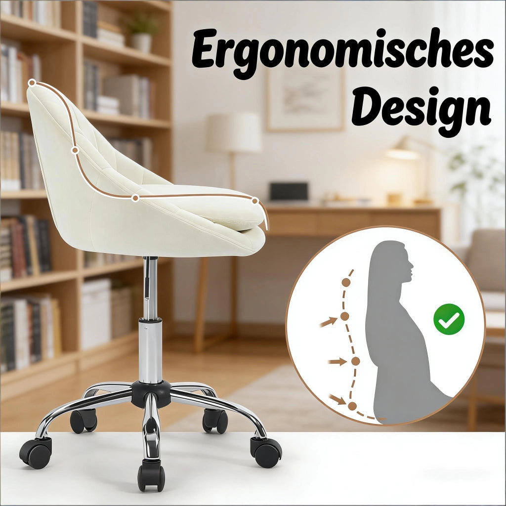 Sedia da ufficio girevole con Altezza Regolabile, Design Ergonomico, Ruote, in Velluto e Metallo Beige