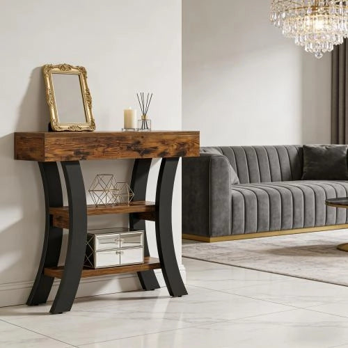 Consolle curva con tre ripiani in MDF e metallo per ingresso soggiorno e corridoio nera 105 × 30 × 80 cm