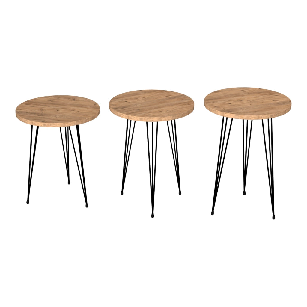 Set 'Ry' di 3 Tavolini Bassi da Salotto Tavolini in Altezze Diverse Gambe a Forcina e Piano Rotondo - Effetto Legno / Nero [en.casa]
