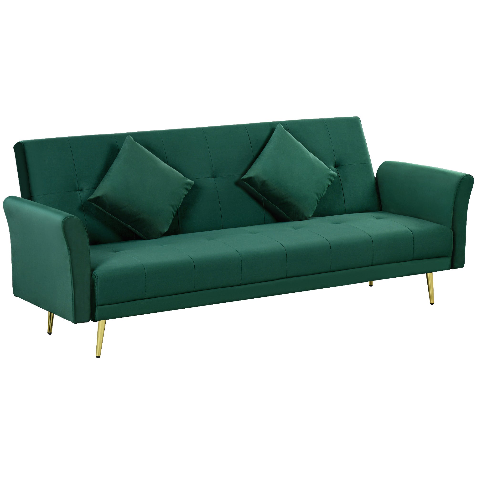 Divano Letto Singolo Clic Clac con Schienale Regolabile 215x83x87 cm in Tessuto Effetto Velluto con 2 Cuscini Verde