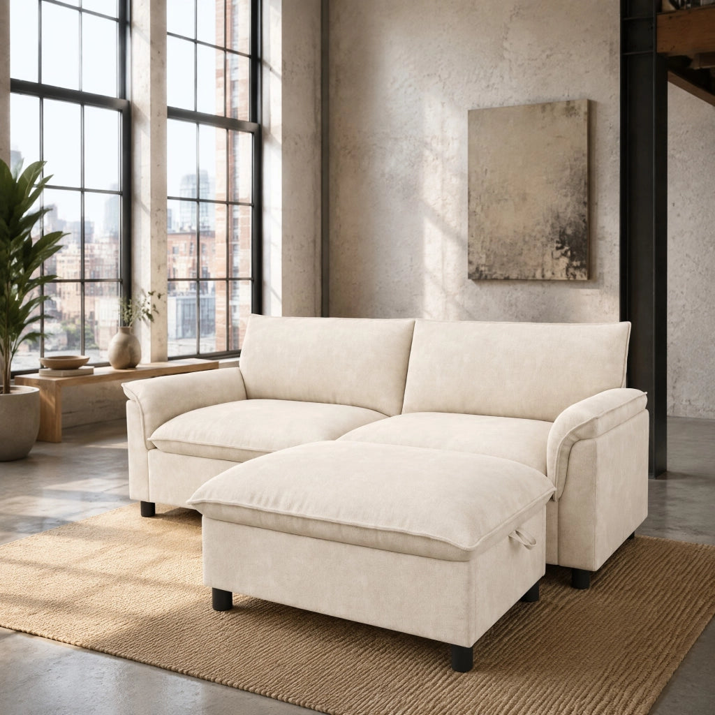 Divano modulare in chenille beige con pouf contenitore, 216 × 77 × 82 cm