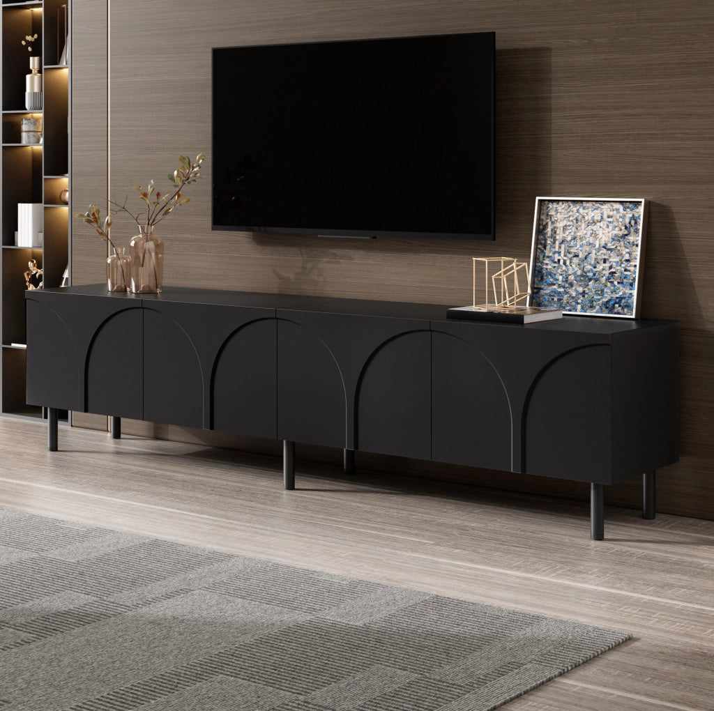 Mobile TV 180x35x49 cm con 4 ante e 2 vani separati in MDF e pannello truciolare nero