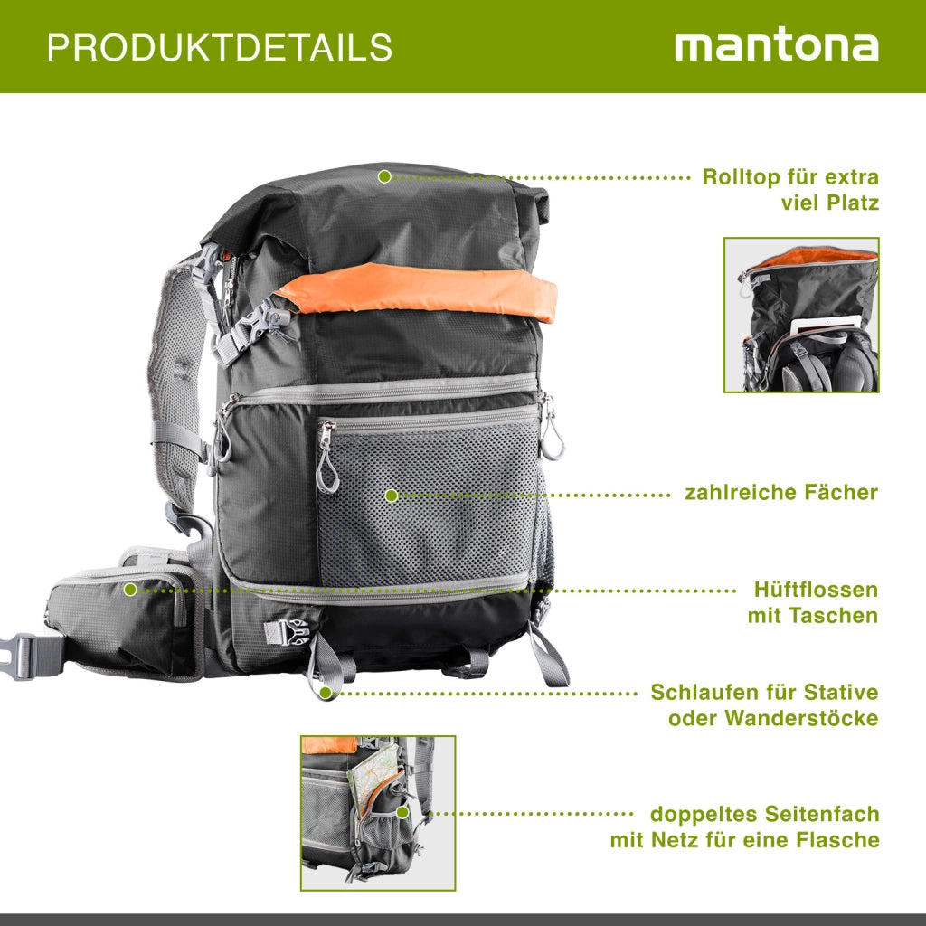 Mantona ElementsPro 30 Zaino per esterni (incl. cintura anca staccabile e copertura antipioggia, adatto a fotocamere DSLR o a sistema) nero, 480mm, 20586