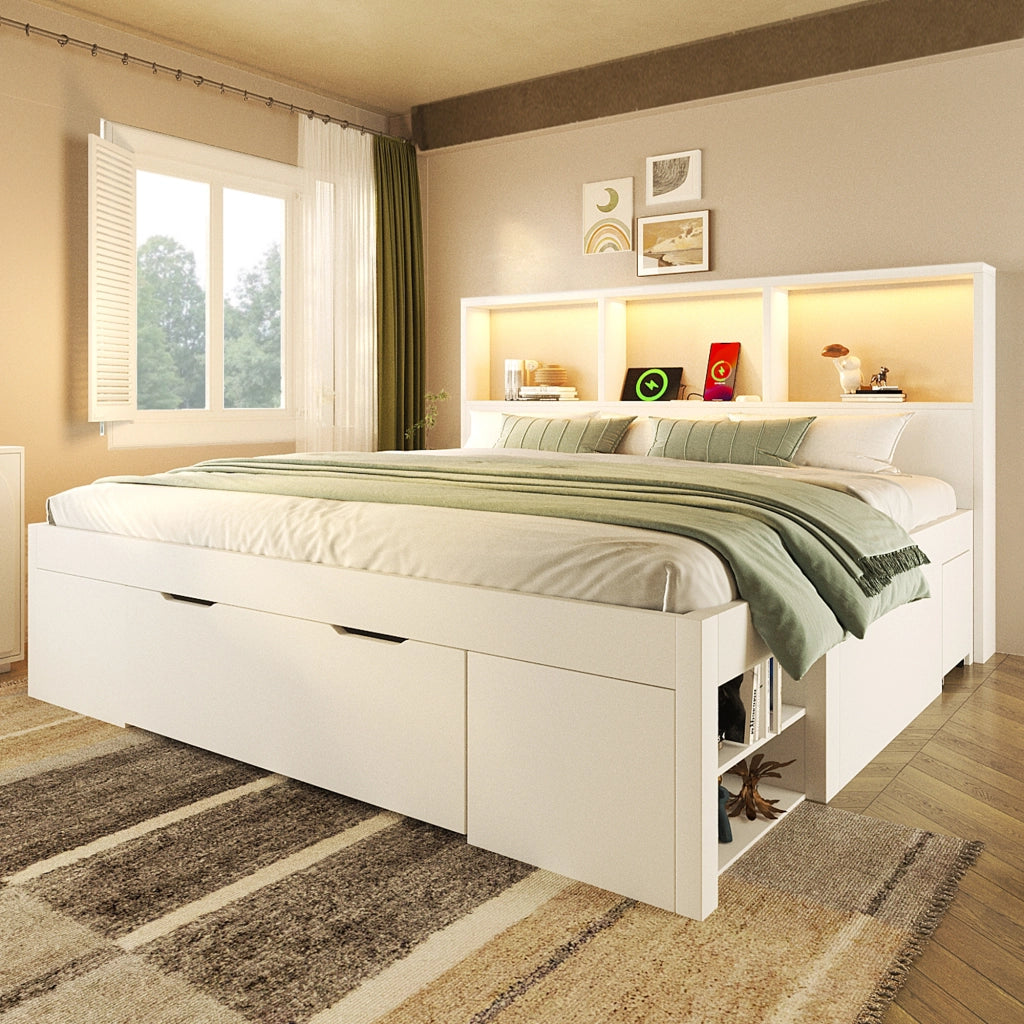 Letto Matrimoniale 140x200 cm; Contenitore; 2 Comodini Mobili; LED; USB Type-C in Legno Bianco