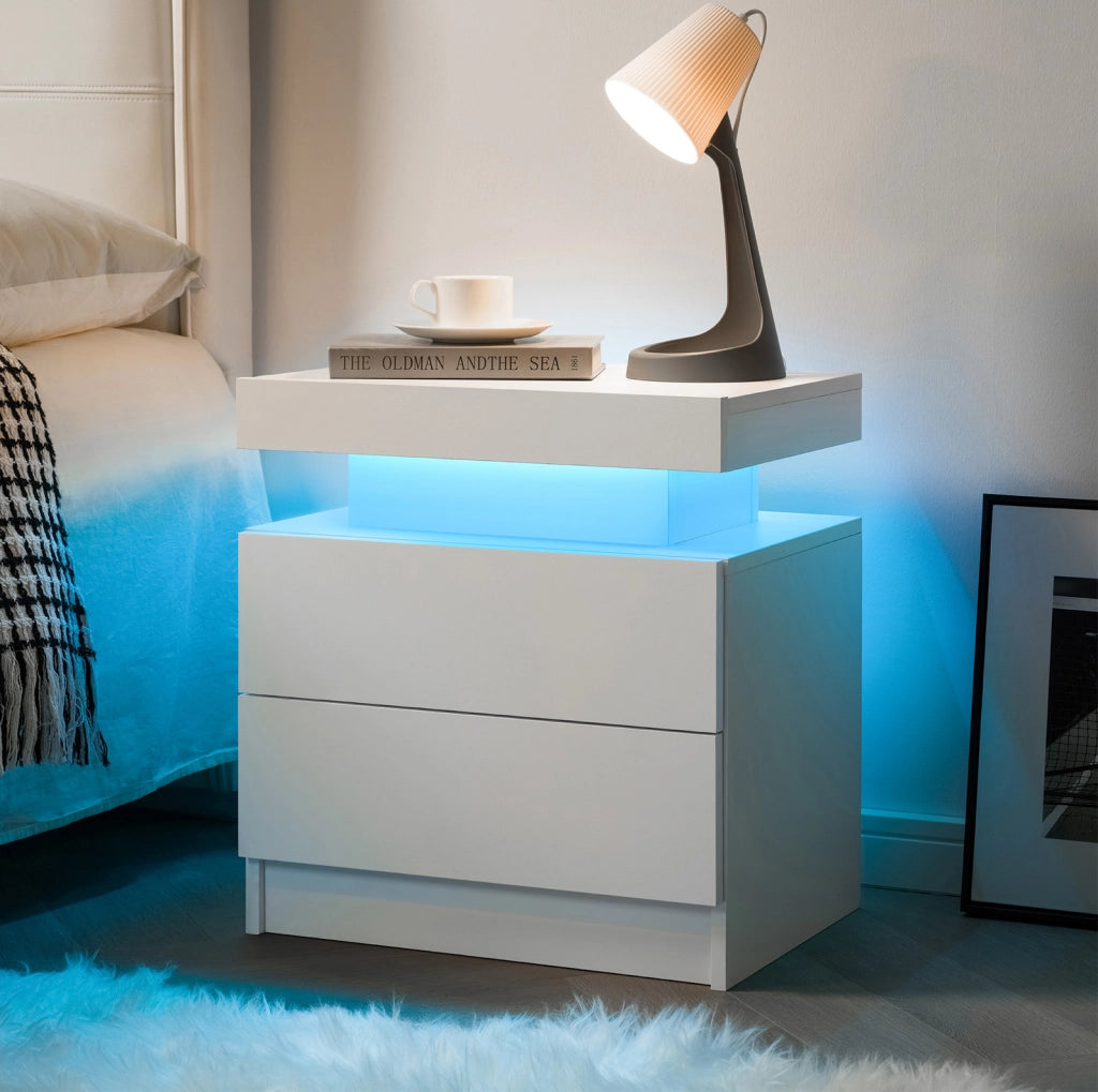 Comodino LED con 2 cassetti; luci regolabili in legno ingegnerizzato bianco