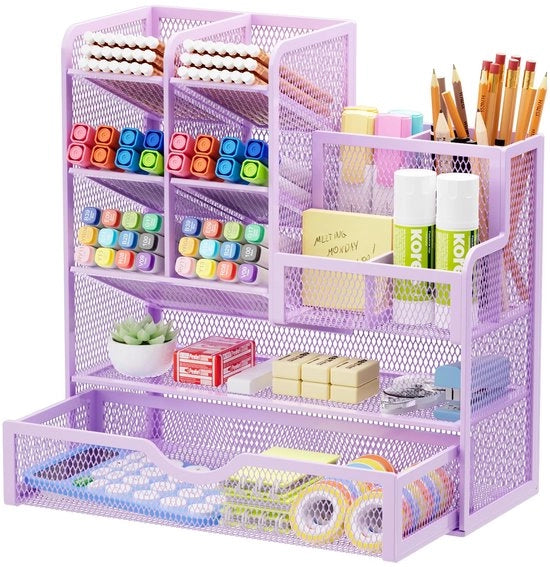 Organizzatore di scrivania a rete, Penne multifunzionale con caricatore, Pannelli di archiviazione per materiali scolastici e ufficio domestico (Blu)