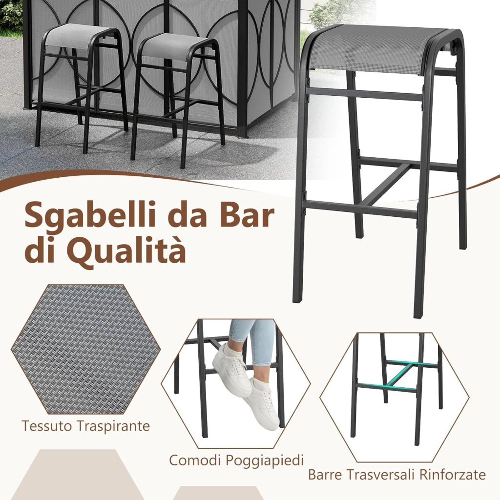 Set Bar da Patio a 3 Pezzi, Gazebo per Griglia e 2 Sgabelli da Bar con Tavolo in Vetro Temperato, Ripiani in Metallo, Portabicchieri, per Giardino Cortile e Spiaggia (Grigio)