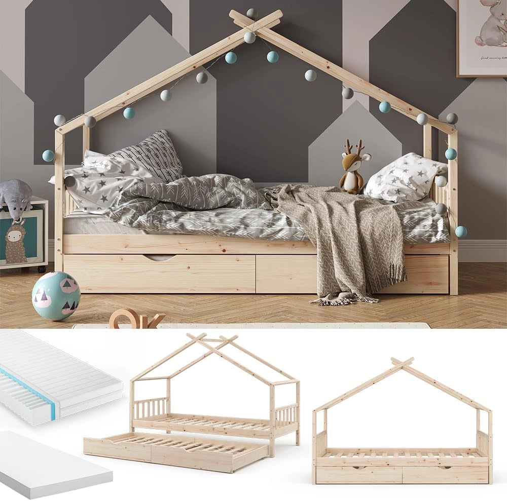 Letto montessori bambini Design, Legno naturale, 90x200 cm con letto per ospiti e 2 materassi, con sponda anticaduta e rete a doghe per un sonno sicuro