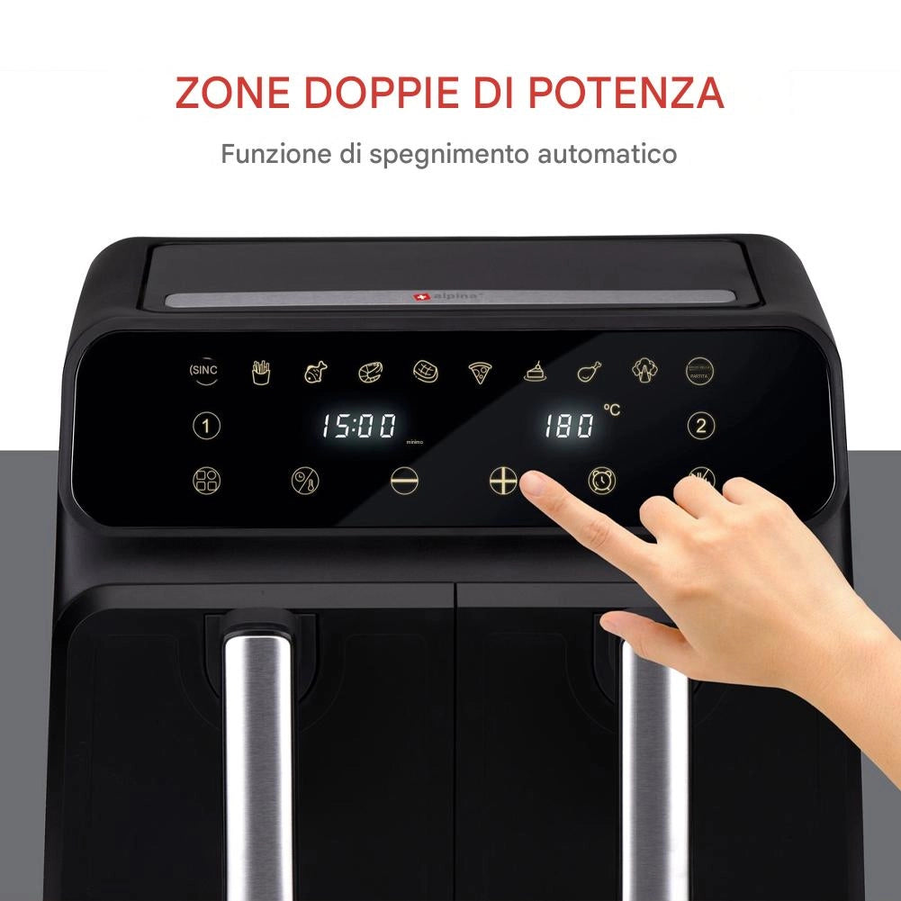 Double Air Fryer Friggitrice Aria Calda Doppio Cestello 8L  Display Digitale 1700W Sync Finish Nero