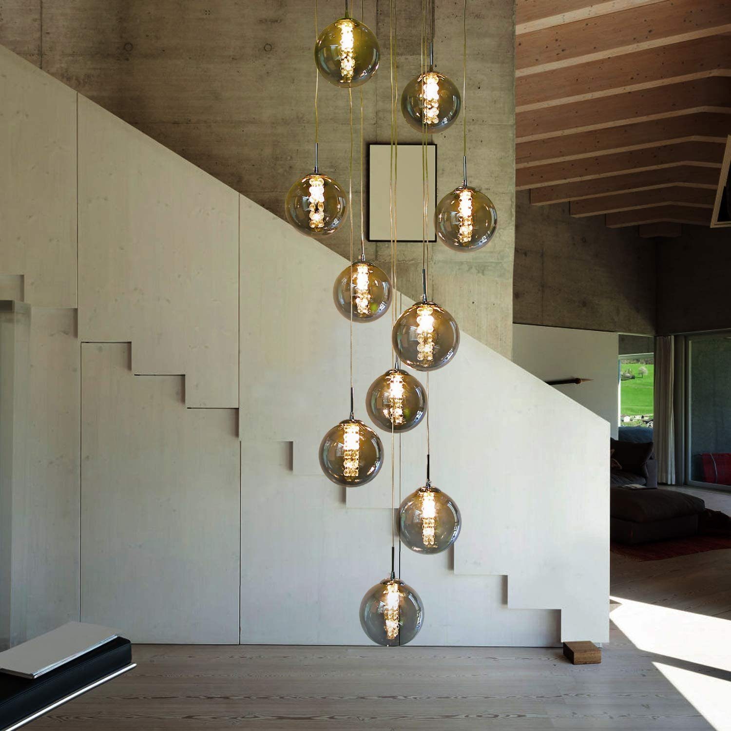 ZMH Lampada a sospensione da pranzo a 10 luci, cristallo grigio, regolabile in altezza