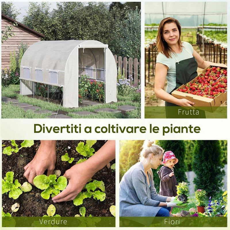 SERRA PER ORTO 2.95X2X2M IN ACCIAIO E COPERTURA PE, PORTE CON ZIP E FINESTRE A RETE, BIANCA
