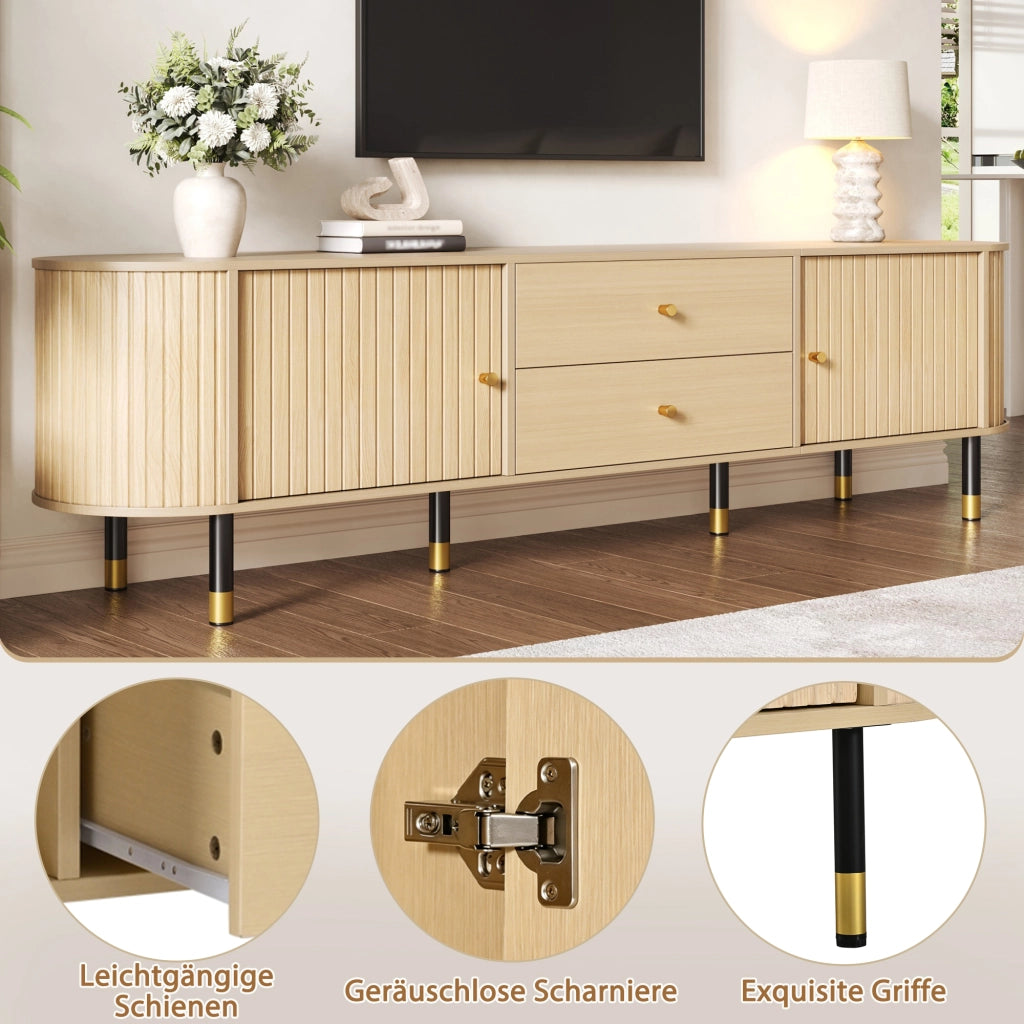 Mobile porta TV con 2 cassetti e 2 ante, passacavi e 6 gambe, per soggiorno, 180 × 40 × 58 cm, in MDF, naturale