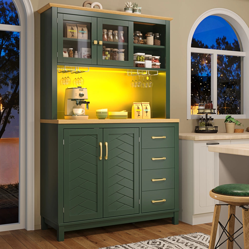 Credenza e madia con 4 ante, ripiani interni e LED, per cucina e soggiorno, in MDF verde, 105,5 × 40 × 180 cm