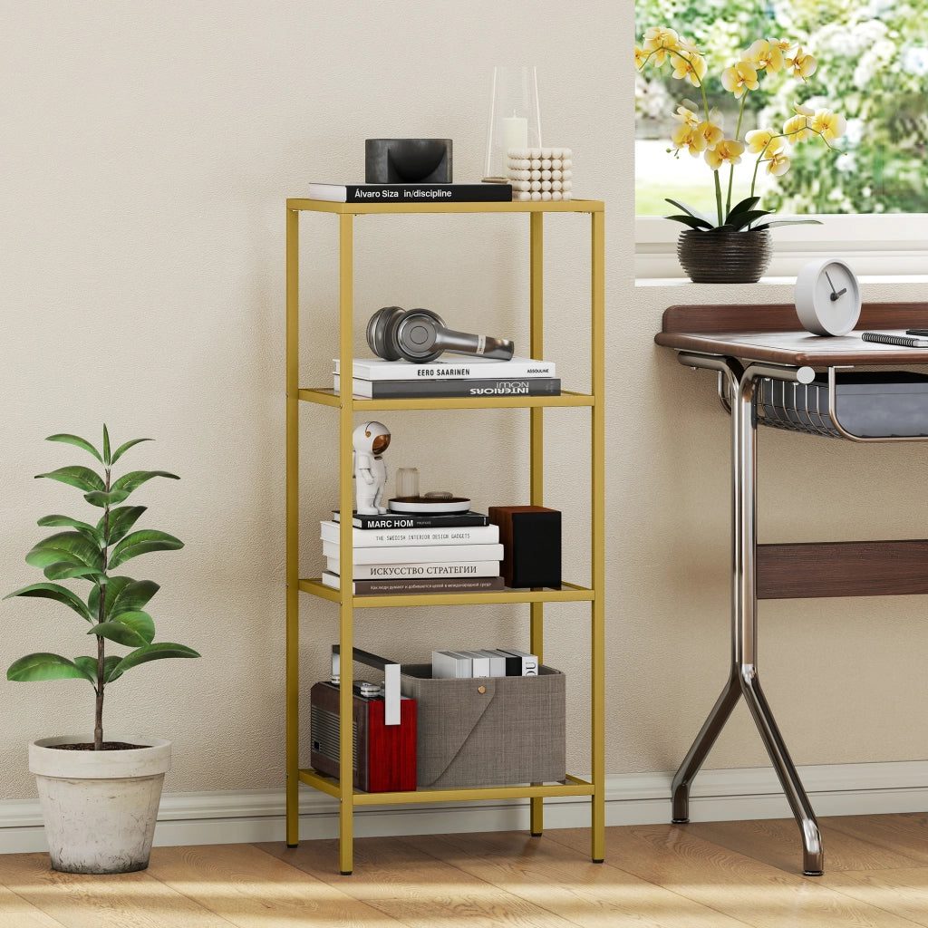 Scaffale Libreria Moderno a 4 Livelli in Metallo e Vetro ¨C Zephmum ¨C Oro 40x30x96.5 cm