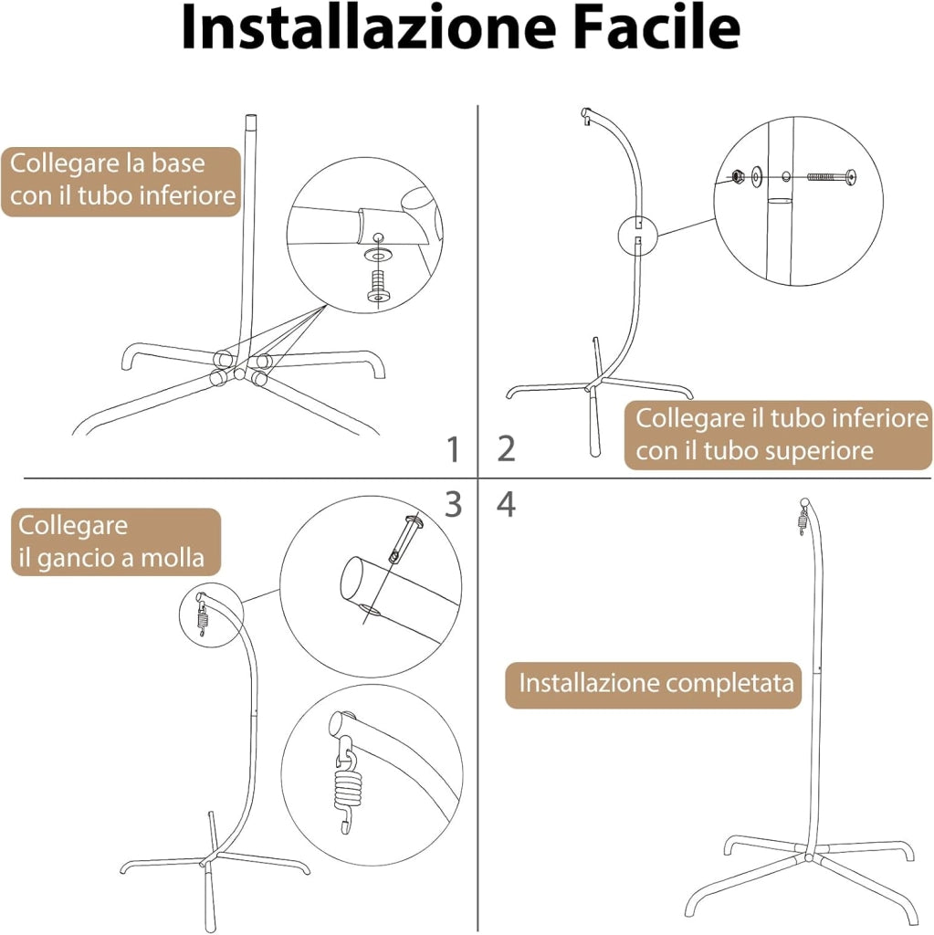 Set Sedia a Uovo Sospesa, Sedia Amaca con Cuscino, Set Altalena in Vimini da Interno/Esterno, Altalena da Giardino con Supporto in Metallo, Portata 150 kg