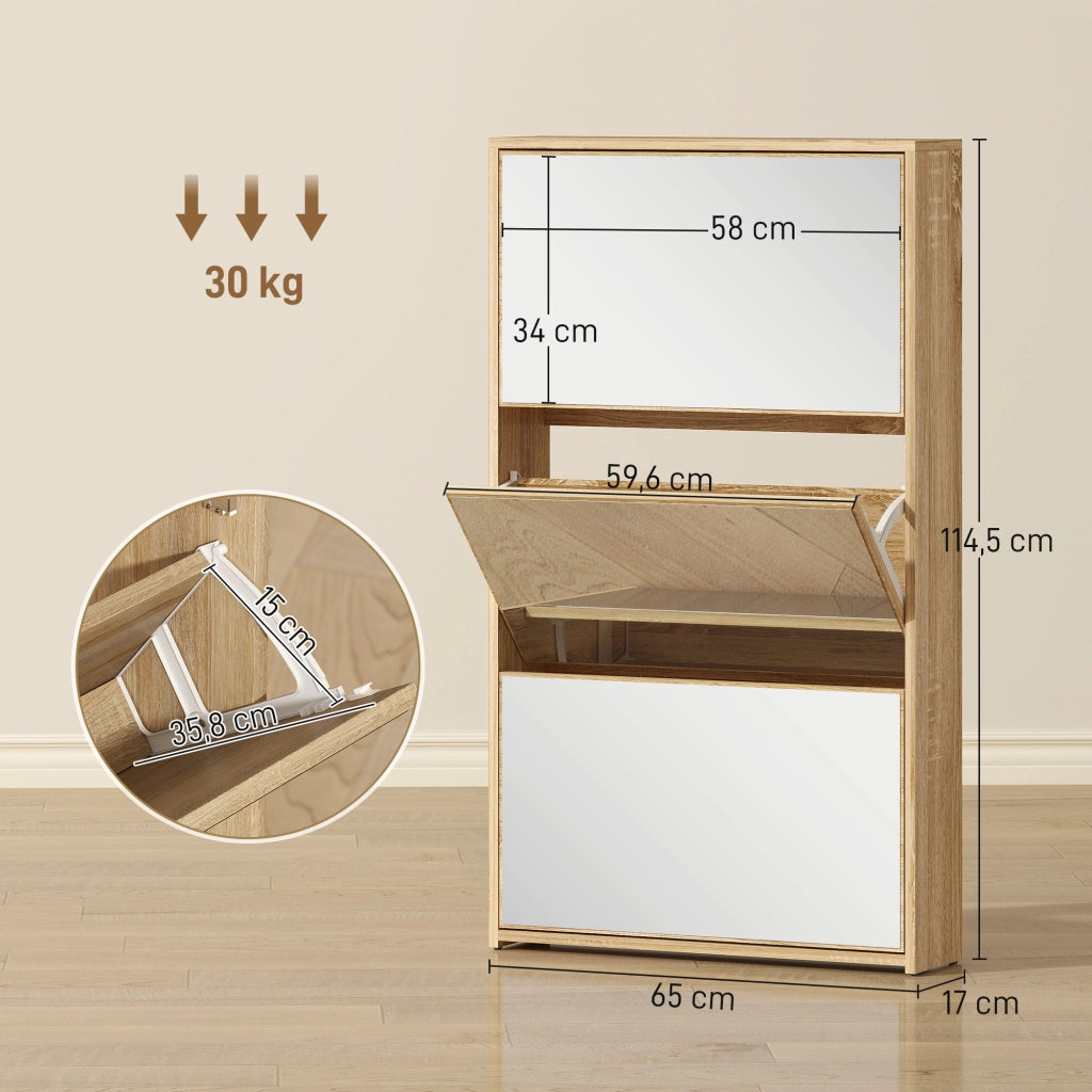 Scarpiera con specchio e 3 ante per ingresso ¨C zephmum ¨C legno naturale 65x17x114.5 cm