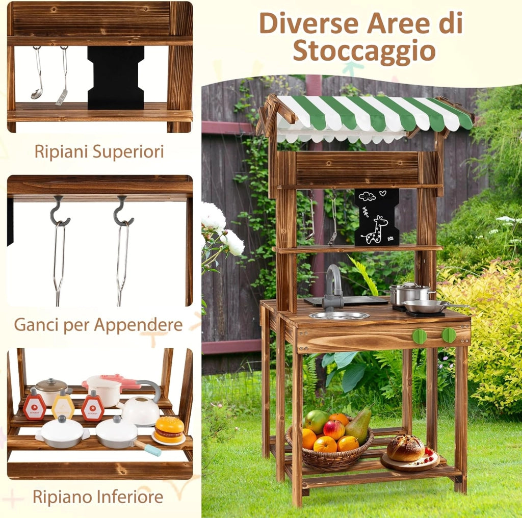 Cucina Giocattolo per Giardino a Doppia Faccia, Cucina per Bambini in Legno di Abete con Tettoia, Lavagna Scorrevole e Griglia Barbecue, Set da Cucina con 5 Accessori, 63 × 56 × 115 cm