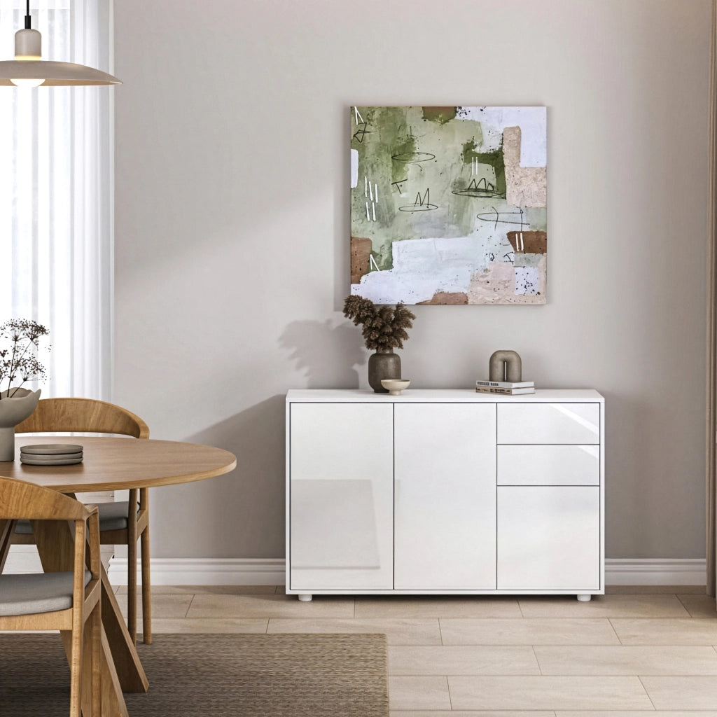 Credenza Paarl Comò con 3 Ante e 2 Cassetti 74x117x36 cm - Bianco Lucido [en.casa]