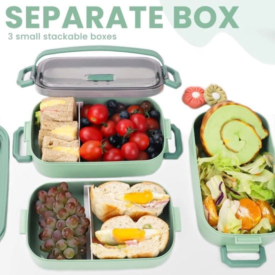 Borsa da Picnic 2400 ML, 3 in 1 Borsa da Pane con 3 Cesti, Borsa da Snack Sostenibile con Cucchiaio, Borsa da Picnic per Adulti e Bambini, Borsa da Pane per Scuola, Lavoro, Picnic e Viaggi