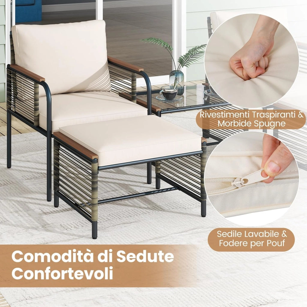 Set Conversazione da Esterno 5 Pezzi con Cuscini, Sedie in Rattan con 2 Pouf e Tavolino da Caffè in Vetro Temperato, Set di Mobili da Esterno per Balcone, Veranda, Terrazza e Giardino (Beige)