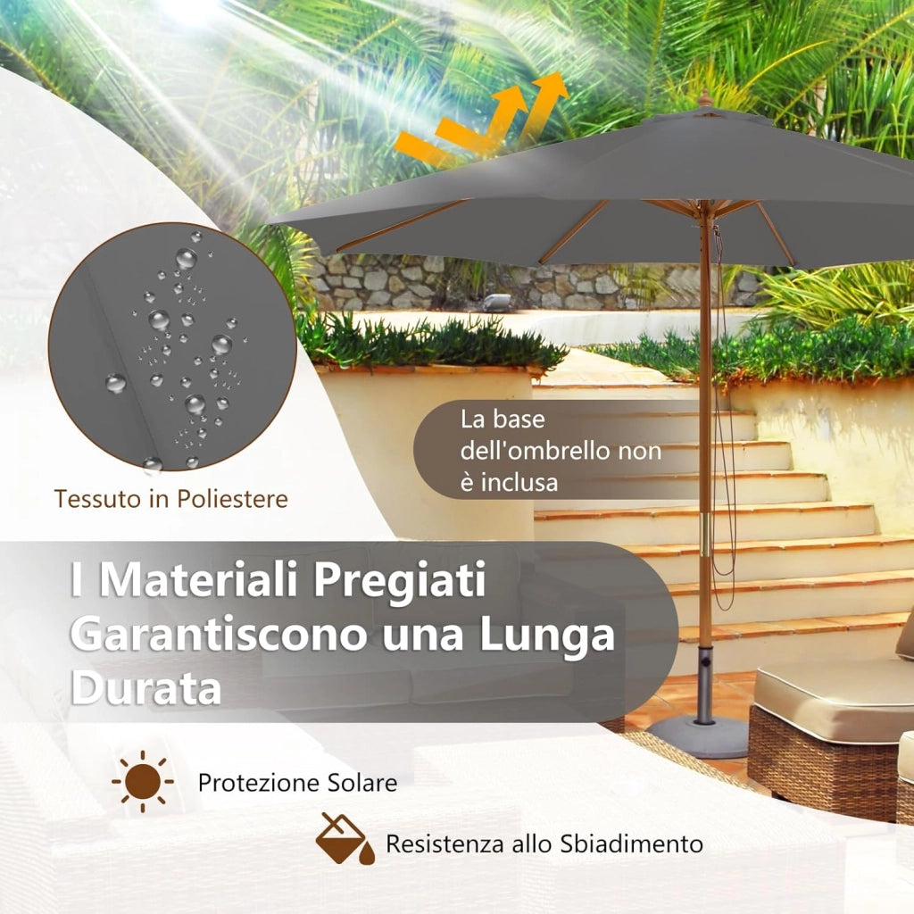 Ombrellone da Giardino 300 x 300 cm, Ombrellone Pieghevole con 8 Stecche di Bambù, 3 Altezze Regolabili, Ombrellone da Parasole Impermeabile, per Giardino Cortile Piscina (Grigio)