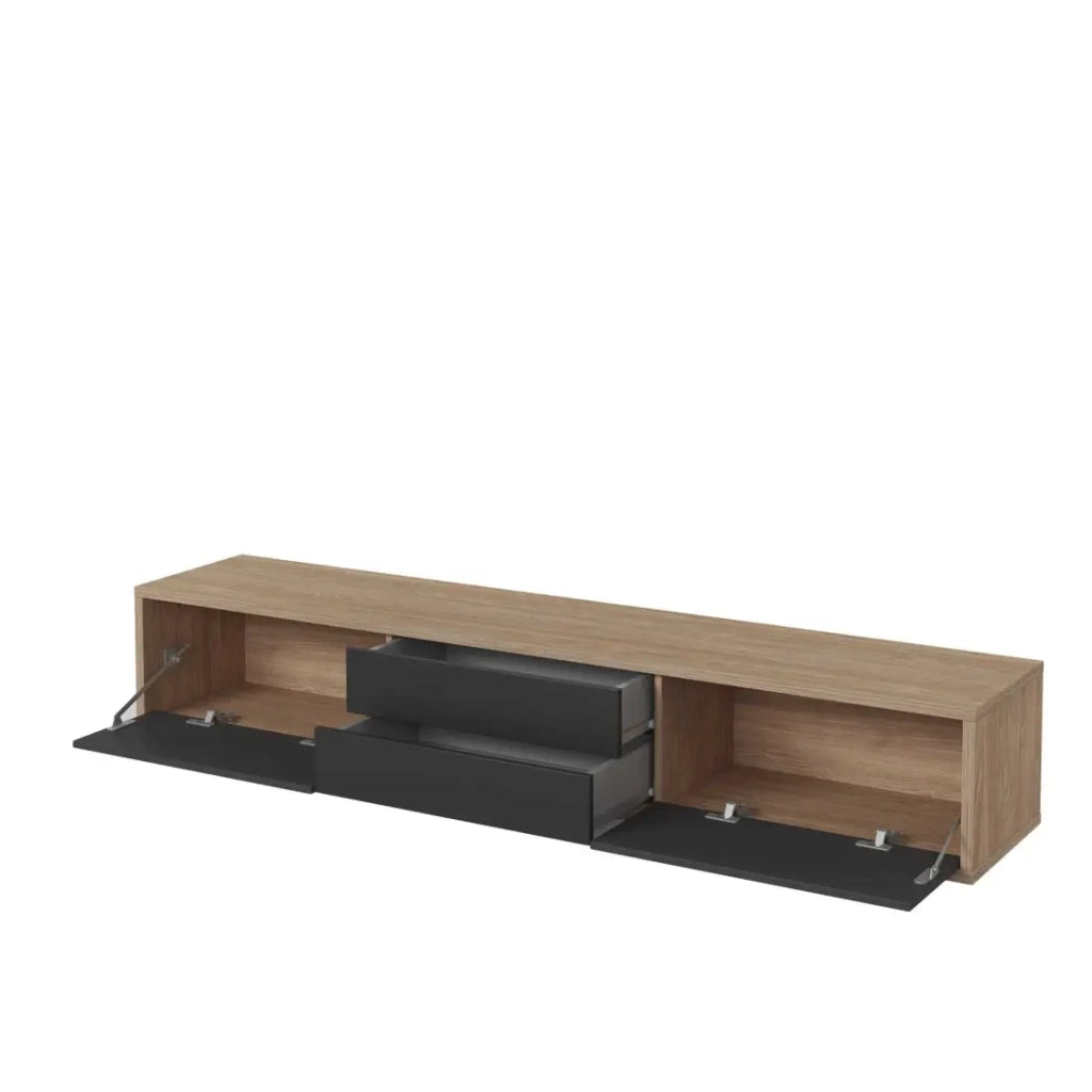 Mobile TV 180cm, 2 cassetti e 2 porte collezione MAANUM. Colore rovere chiaro e grigio.