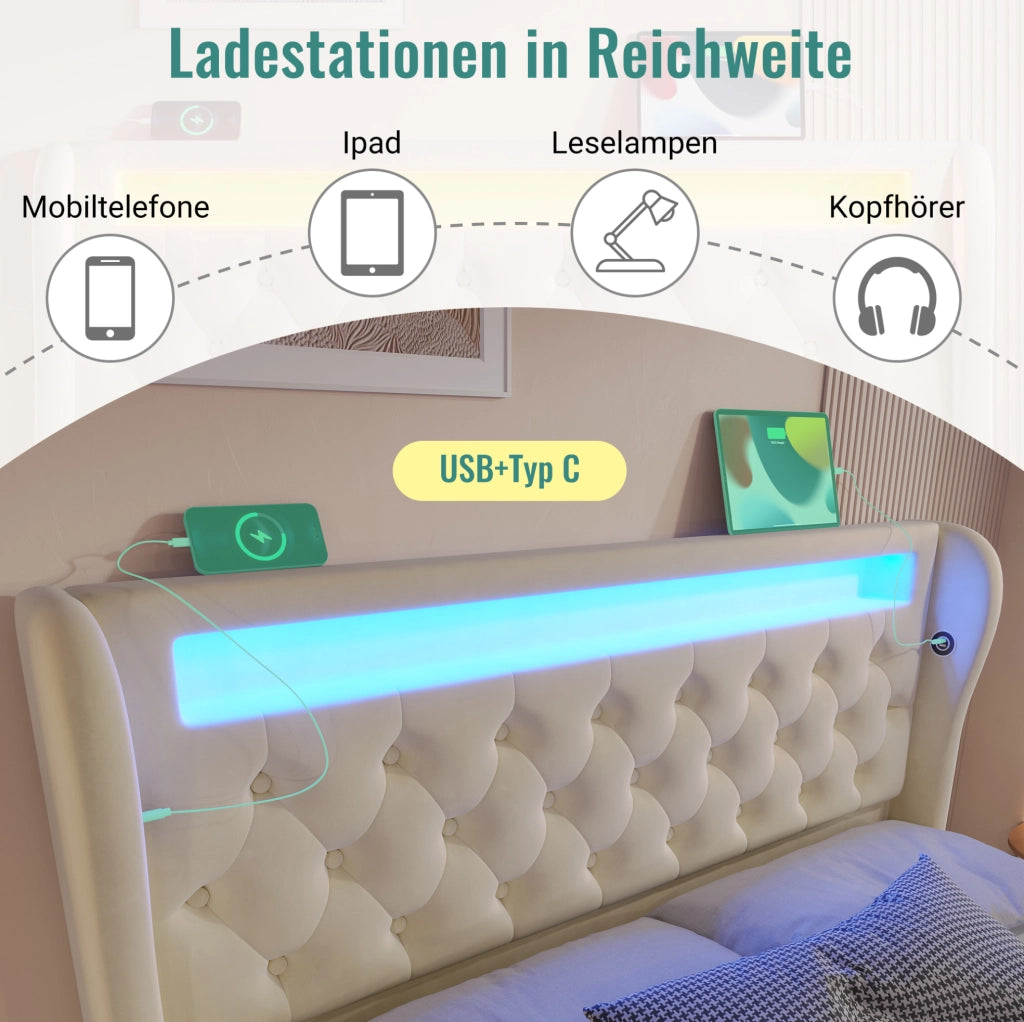 Letto imbottito con LED, testiera con porte USB e tipo C, contenitore idraulico, beige