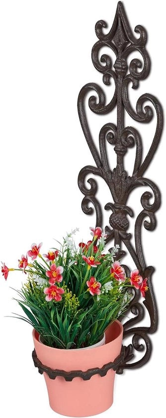 Porta fiori hanger per muro Ø 14.5 cm in ghisa HxBxD: 54 x 17 x 18 cm design antico marrone