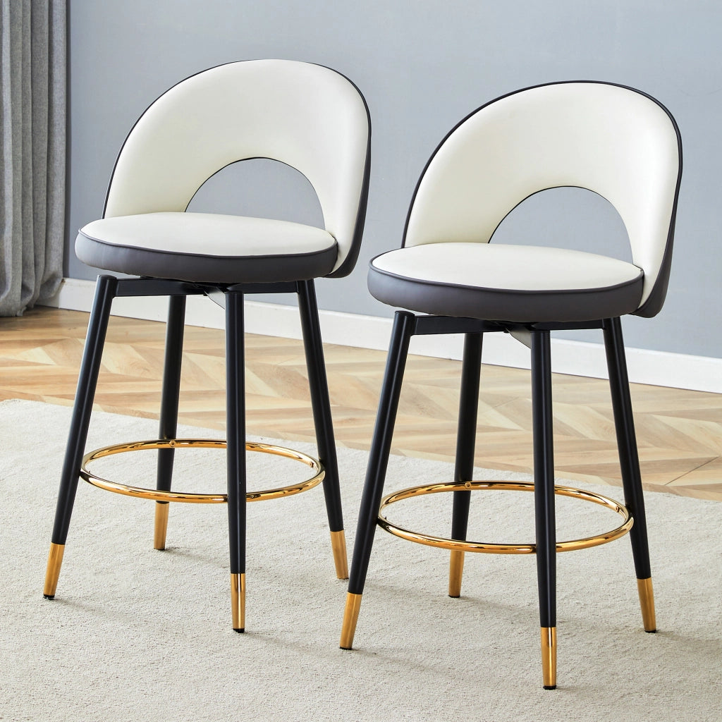 Set di 2 Sgabelli da Bar Girevoli con Schienale Traforato; Stile Moderno; Metallo e Similpelle; Grigio Scuro e Bianco
