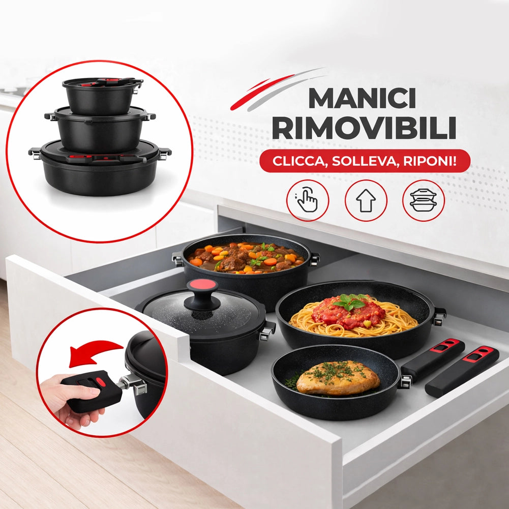 Set 24 Pezzi Batteria di Pentole Manici Removibili Rubino Suprem in Alluminio Pressofuso Nero
