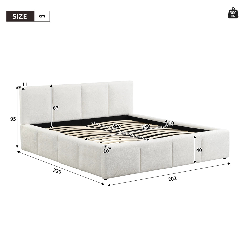Letto Matrimoniale 180x200 cm; 2 Posti - Testiera Imbottita; Struttura Incassata in Bouclé Beige