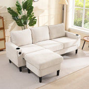 OKWISH Divano ad Angolo con USB e USB-C, Portabicchieri e Tasche Laterali, Pouf Modulare, Lino Beige 202 x 137 x 80 cm
