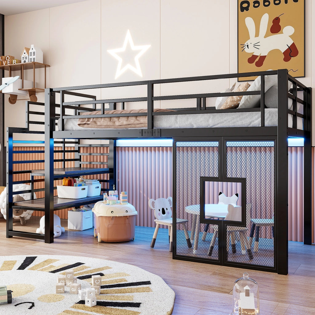 Letto alto in metallo 90x200 con scaletta illuminazione a LED contenitore ferro nero e MDF