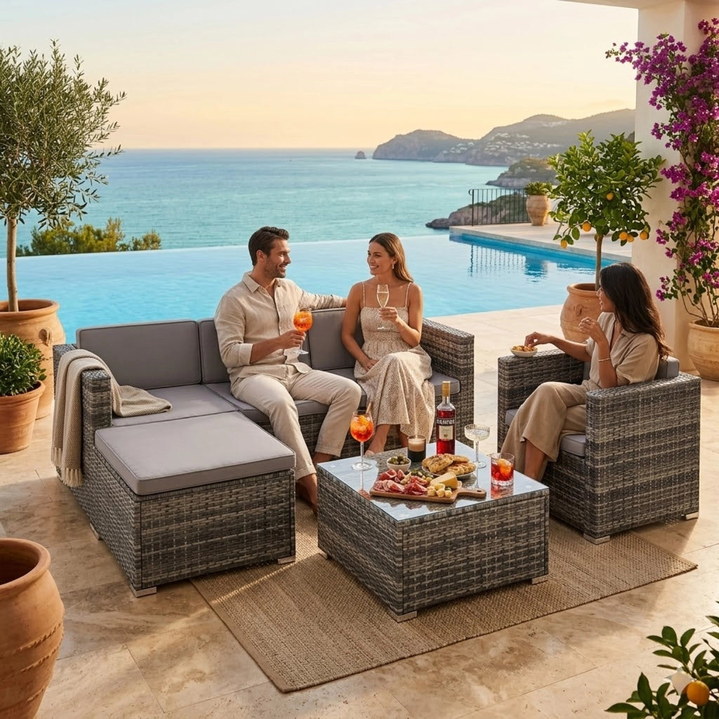 Set Salotto Da Esterno In Polyrattan Modulare Con Cuscini E Tavolino Struttura Personalizzabile Per 4/5 Persone Ideale Per Terrazza Patio Outdoor Grigio