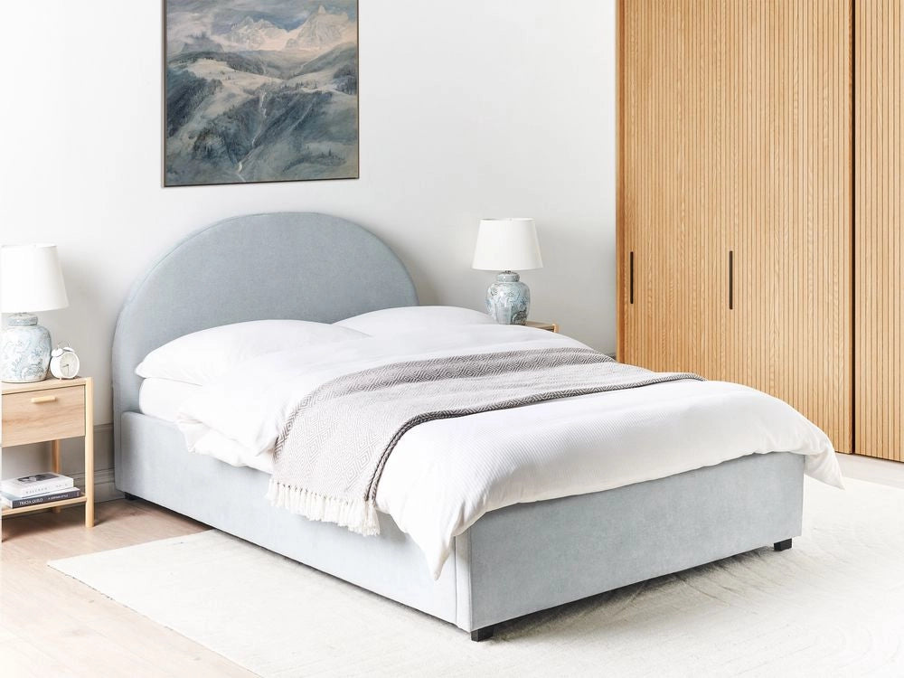 Letto contenitore matrimoniale in tessuto di ciniglia imbottito tessuto azzurro retrò minimalista 140 x 200