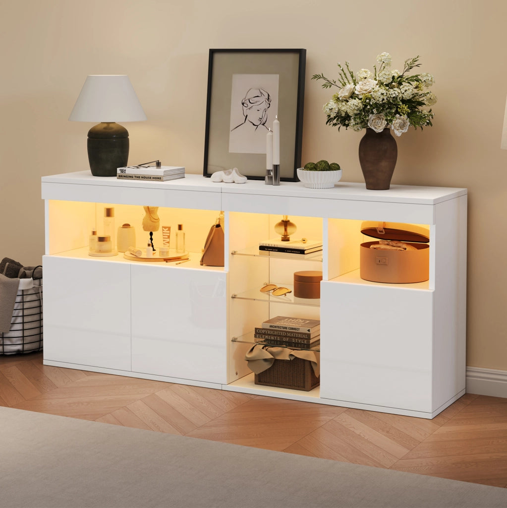 Credenza soggiorno bianca con LED e ante lucide