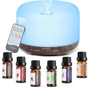 Diffusore Aromaterapico 500ml con set di 6 olii essenziali 10 ml Diffusore di Aria con Comando a Distanza, LED a 7 Colori e Funzione Orario Perfetto per Casa, Ufficio, Camera da Letto, Salotto e Yoga e Benessere