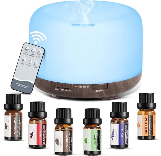 Diffusore Aromaterapico 500ml con set di 6 olii essenziali 10 ml Diffusore di Aria con Comando a Distanza, LED a 7 Colori e Funzione Orario Perfetto per Casa, Ufficio, Camera da Letto, Salotto e Yoga e Benessere