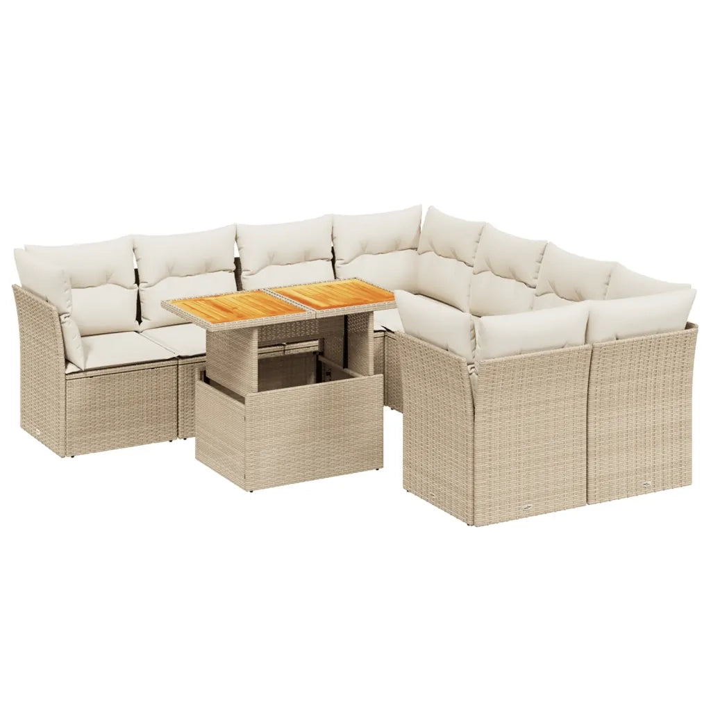 Set Divano da Giardino 9 pz con Cuscini Beige in Polyrattan