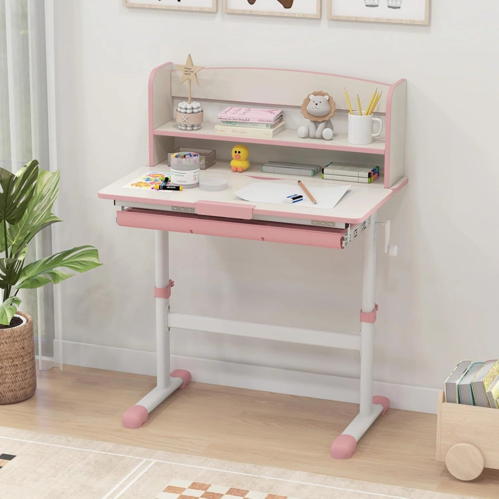 Scrivania per Bambini, Banco Scuola per 3-12 Anni Regolabile in Altezza da 50cm a 73cm con Piano Inclinabile 60°, Scrittoio Cameretta Multifunzionale con Libreria e Cassetto (Rosa)