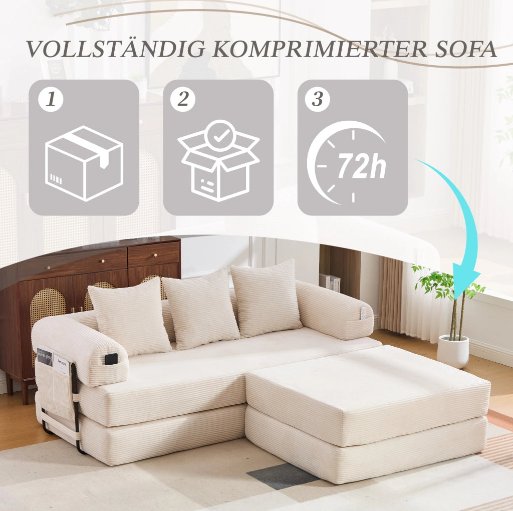 Divano modulare in corduroy beige con struttura in metallo; tasca laterale e 3 cuscini; 200 x 190 x 67 cm