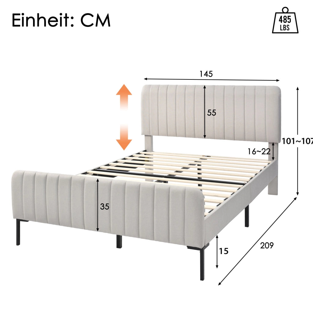 Letto imbottito 140x200 cm con testiera regolabile; lino grigio-beige