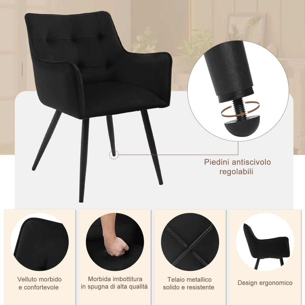 Set di 4 Sedie da Pranzo Moderne, Sedie da Cucina con Schienale e Braccioli, Poltroncine Imbottite con Gambe in Metallo, per Salotto, Ufficio e Cameretta, in Velluto, Nero, BH374sz-4