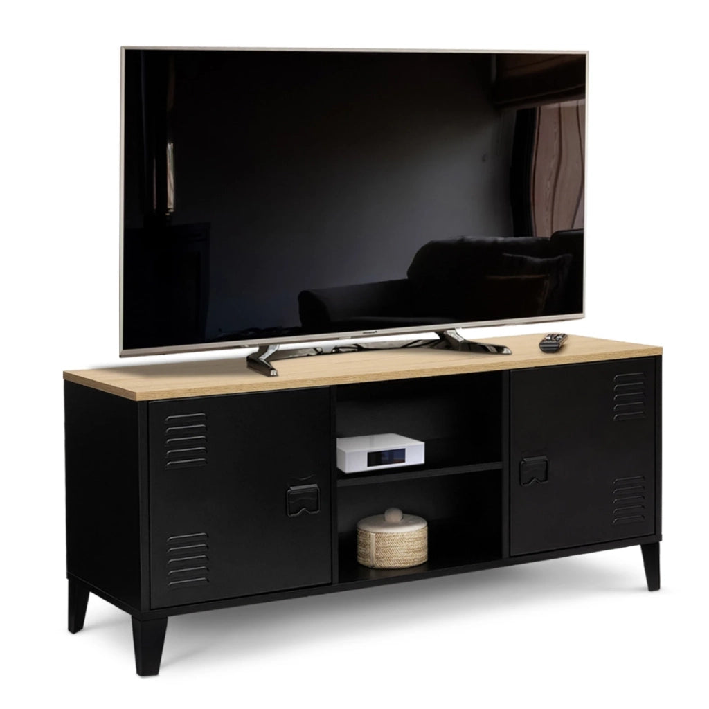 IDMarket - Mobile TV ESTER 113 cm con 2 ante in metallo nero e piano in legno industriale